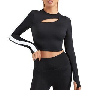 Women Black High Neck Long Sleeve Shirts Slim Fitted Casual Althetic Crop Tops